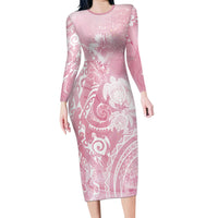 Aloha Hawaii Turtles Floral Family Matching Long Sleeve Bodycon Dress and Hawaiian Shirt Pink Marbles Glaze