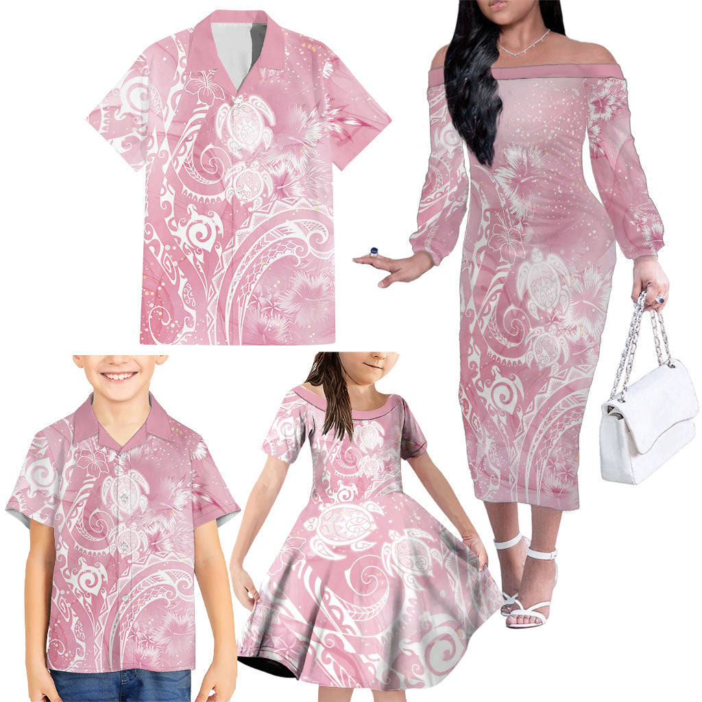 Aloha Hawaii Turtles Floral Family Matching Off The Shoulder Long Sleeve Dress and Hawaiian Shirt Pink Marbles Glaze