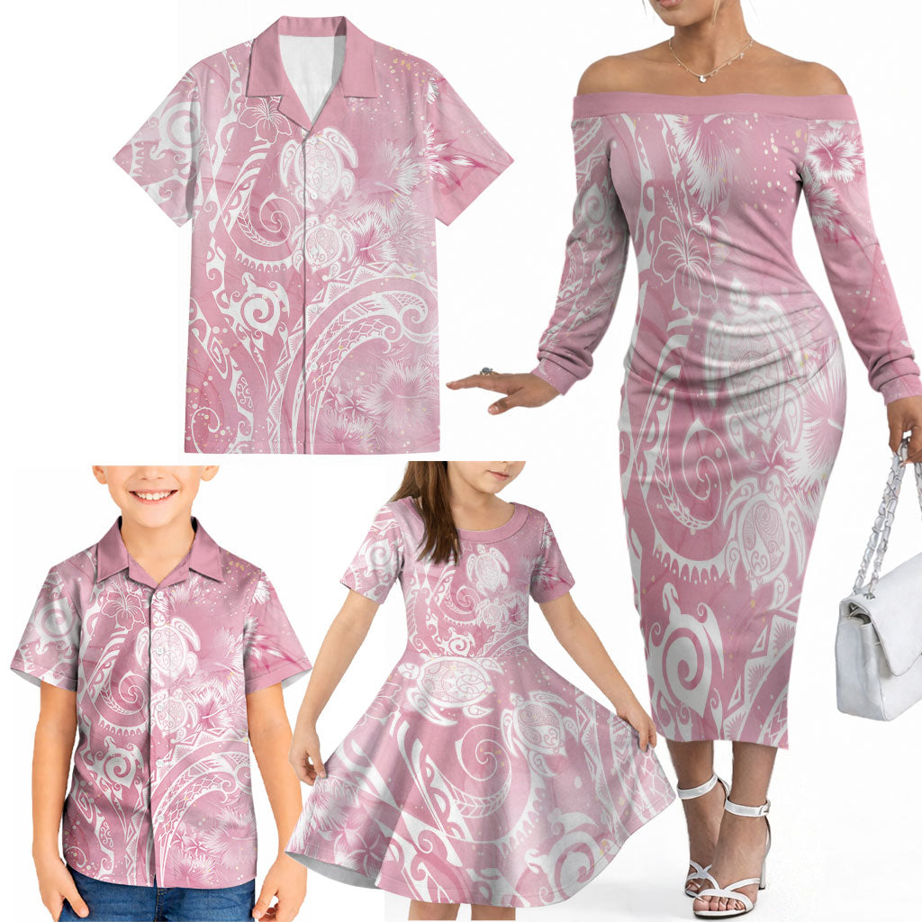 Aloha Hawaii Turtles Floral Family Matching Off The Shoulder Long Sleeve Dress and Hawaiian Shirt Pink Marbles Glaze LT7 - Polynesian Pride
