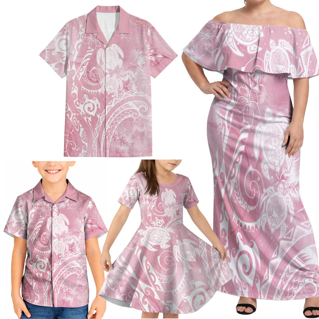 Aloha Hawaii Turtles Floral Family Matching Off Shoulder Maxi Dress and Hawaiian Shirt Pink Marbles Glaze LT7 - Polynesian Pride