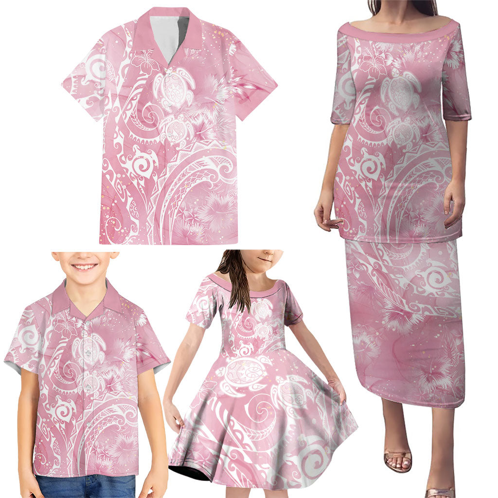 Aloha Hawaii Turtles Floral Family Matching Puletasi and Hawaiian Shirt Pink Marbles Glaze