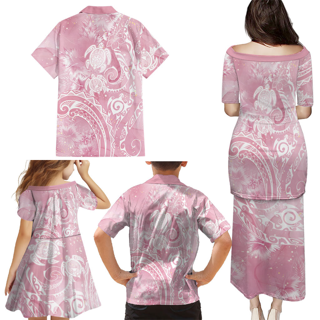 Aloha Hawaii Turtles Floral Family Matching Puletasi and Hawaiian Shirt Pink Marbles Glaze