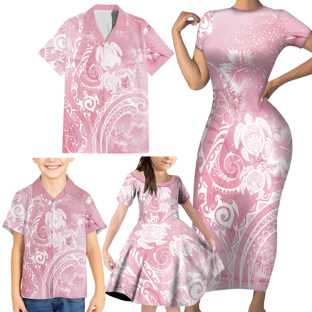 Aloha Hawaii Turtles Floral Family Matching Short Sleeve Bodycon Dress and Hawaiian Shirt Pink Marbles Glaze