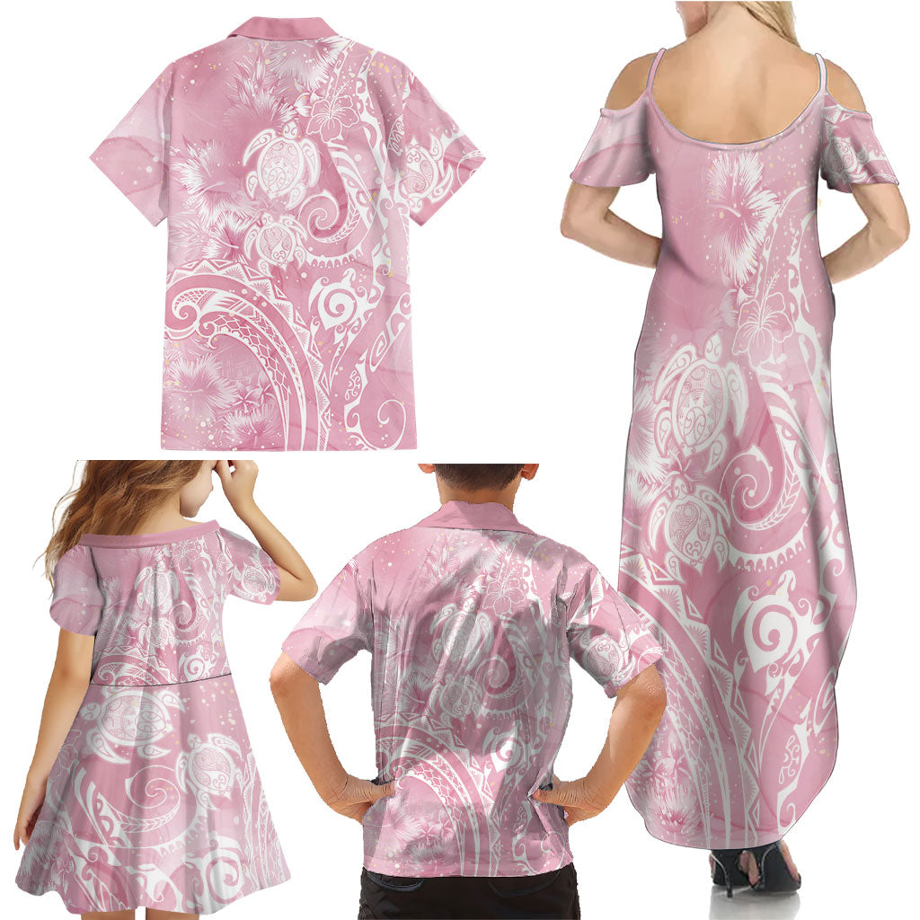 Aloha Hawaii Turtles Floral Family Matching Summer Maxi Dress and Hawaiian Shirt Pink Marbles Glaze