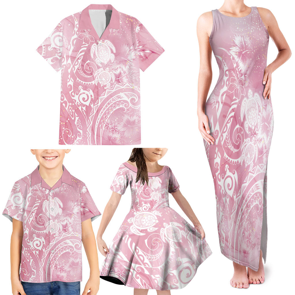 Aloha Hawaii Turtles Floral Family Matching Tank Maxi Dress and Hawaiian Shirt Pink Marbles Glaze