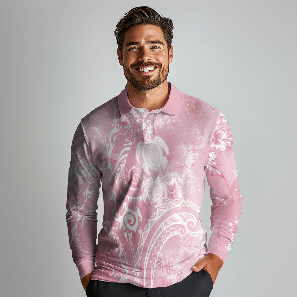 Aloha Hawaii Turtles Floral Long Sleeve Polo Shirt Pink Marbles Glaze