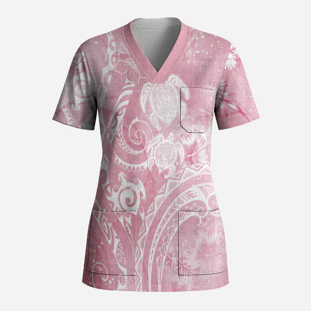 Aloha Hawaii Turtles Floral Scrub Top Pink Marbles Glaze LT7 Adult Pink - Polynesian Pride