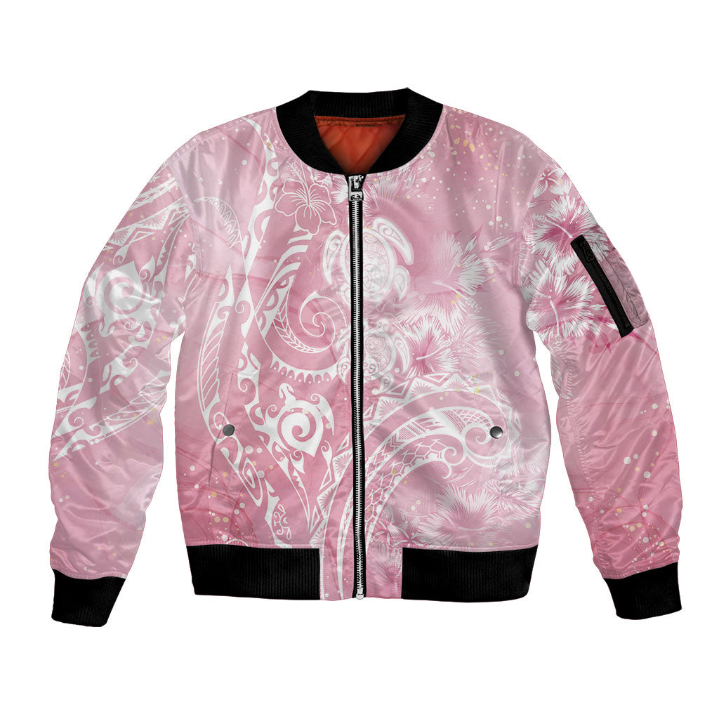 Aloha Hawaii Turtles Floral Sleeve Zip Bomber Jacket Pink Marbles Glaze