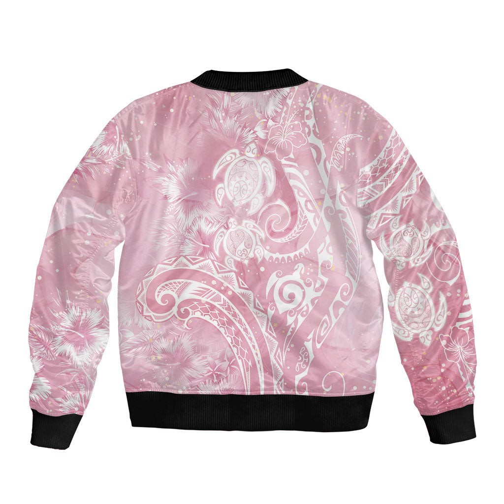 Aloha Hawaii Turtles Floral Sleeve Zip Bomber Jacket Pink Marbles Glaze