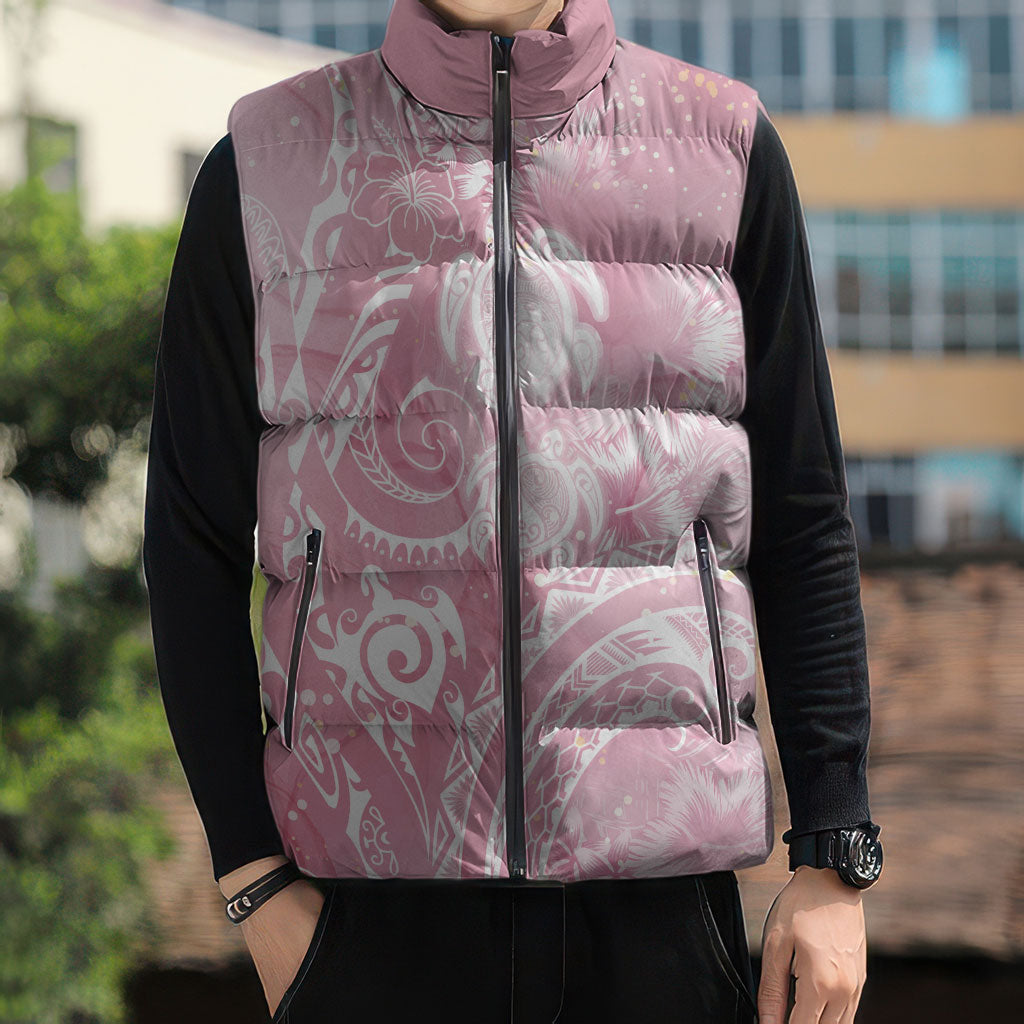 Aloha Hawaii Turtles Floral Sleeveless Puffer Jacket Pink Marbles Glaze