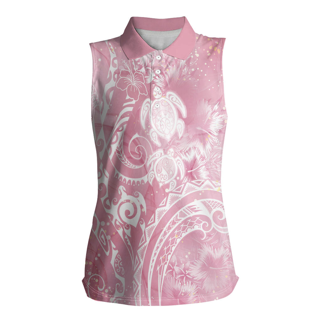 Aloha Hawaii Turtles Floral Women Sleeveless Polo Shirt Pink Marbles Glaze