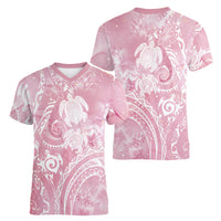 Aloha Hawaii Turtles Floral Women V-Neck T-Shirt Pink Marbles Glaze