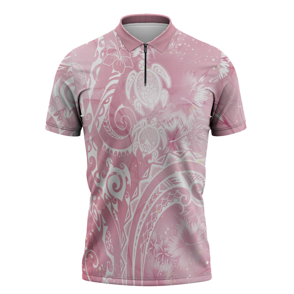 Aloha Hawaii Turtles Floral Zipper Polo Shirt Pink Marbles Glaze