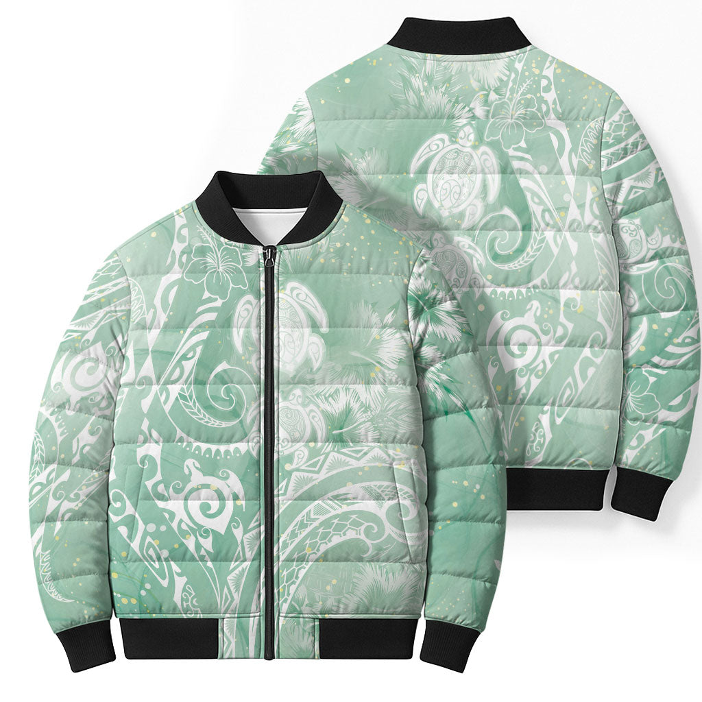 Aloha Hawaii Turtles Floral Bomber Puffer Jacket Seafoam Marbles Glaze