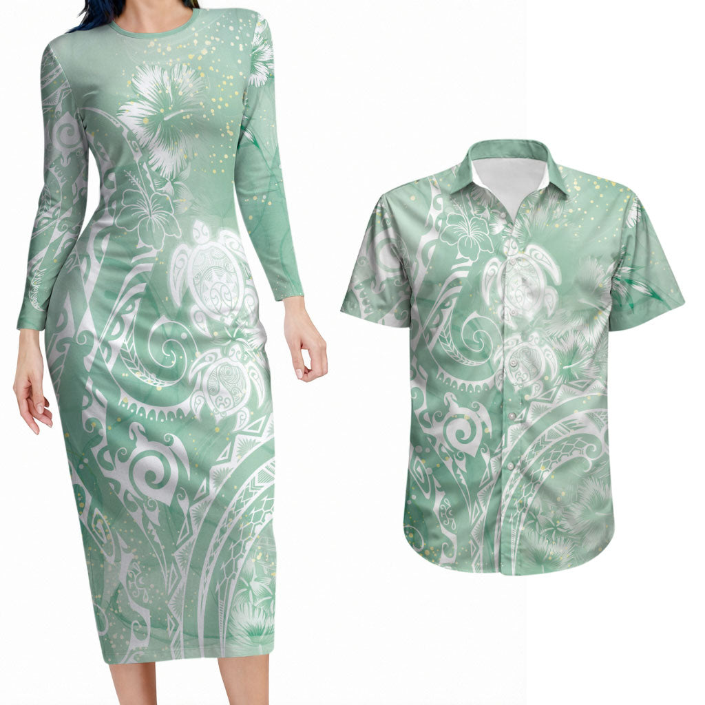 Aloha Hawaii Turtles Floral Couples Matching Long Sleeve Bodycon Dress and Hawaiian Shirt Seafoam Marbles Glaze LT7 Seafoam - Polynesian Pride