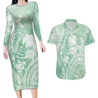 Aloha Hawaii Turtles Floral Couples Matching Long Sleeve Bodycon Dress and Hawaiian Shirt Seafoam Marbles Glaze
