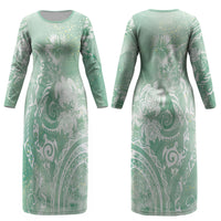 Aloha Hawaii Turtles Floral Couples Matching Long Sleeve Bodycon Dress and Hawaiian Shirt Seafoam Marbles Glaze LT7 - Polynesian Pride