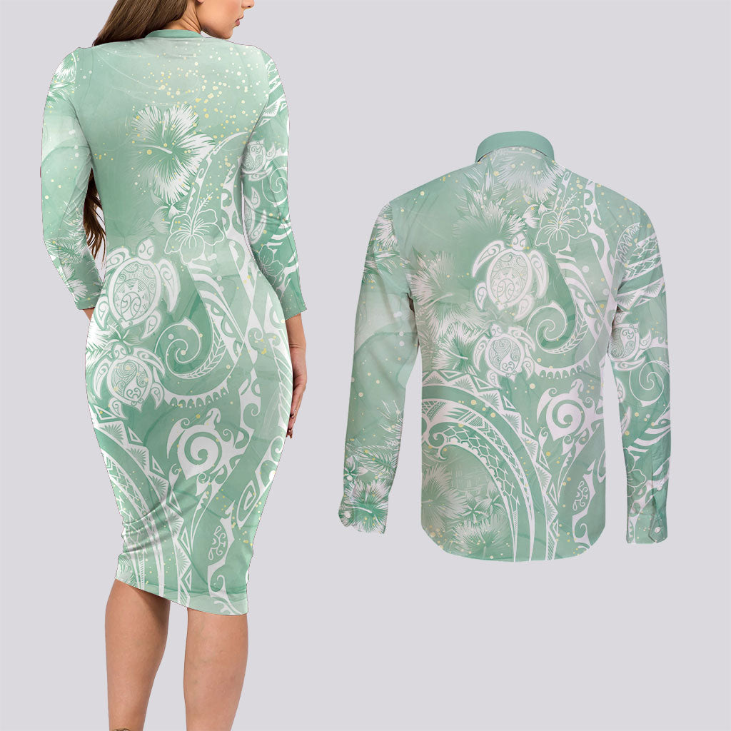 Aloha Hawaii Turtles Floral Couples Matching Long Sleeve Bodycon Dress and Long Sleeve Button Shirt Seafoam Marbles Glaze
