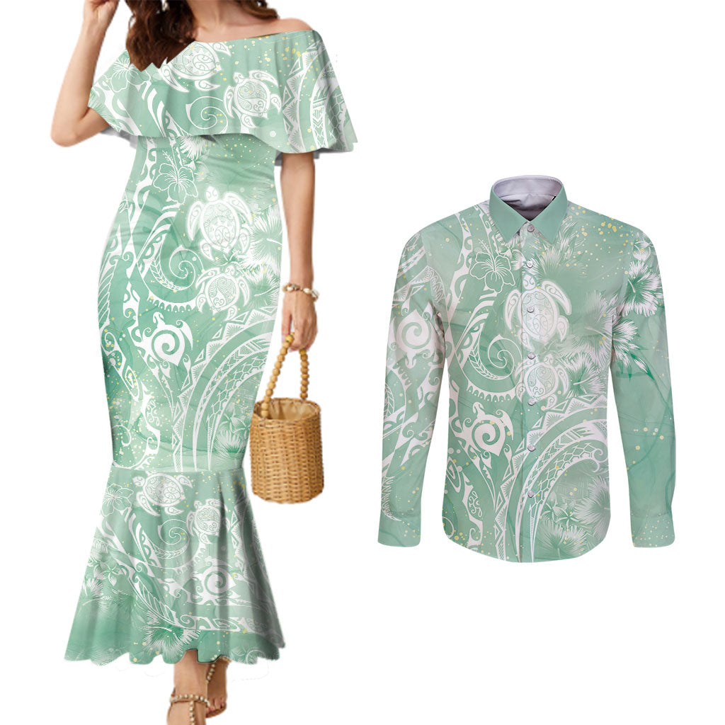 Aloha Hawaii Turtles Floral Couples Matching Mermaid Dress and Long Sleeve Button Shirt Seafoam Marbles Glaze LT7 Seafoam - Polynesian Pride