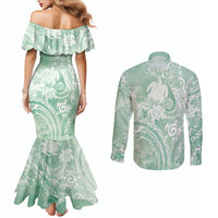 Aloha Hawaii Turtles Floral Couples Matching Mermaid Dress and Long Sleeve Button Shirt Seafoam Marbles Glaze