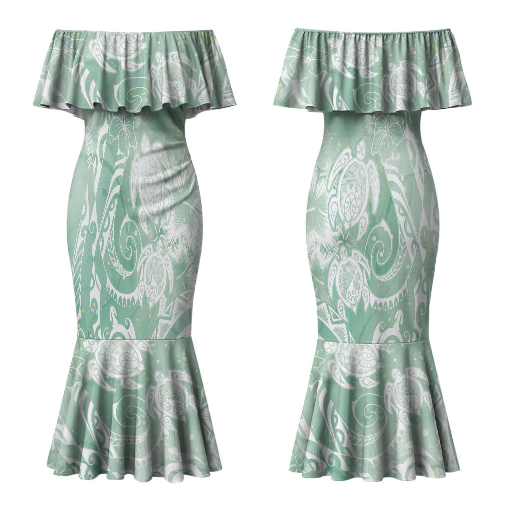Aloha Hawaii Turtles Floral Couples Matching Mermaid Dress and Long Sleeve Button Shirt Seafoam Marbles Glaze LT7 - Polynesian Pride