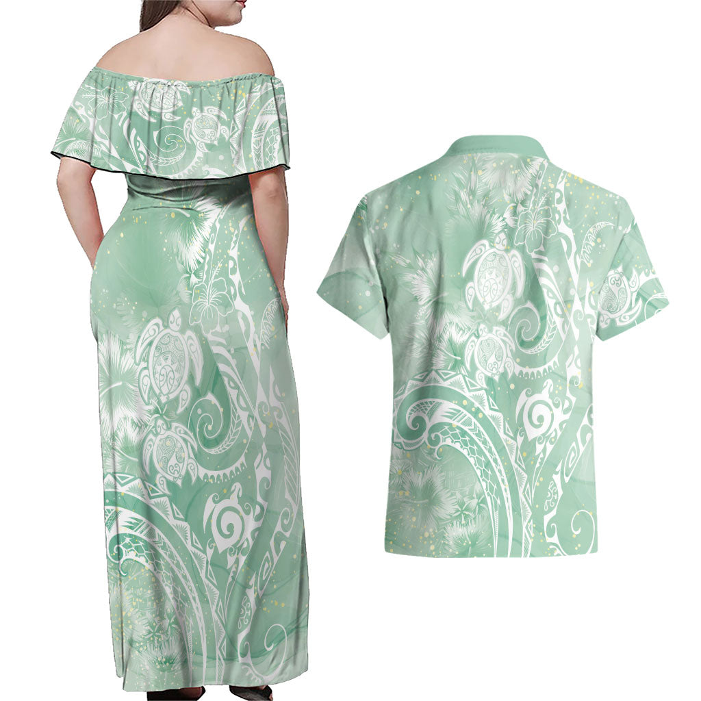 Aloha Hawaii Turtles Floral Couples Matching Off Shoulder Maxi Dress and Hawaiian Shirt Seafoam Marbles Glaze