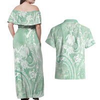 Aloha Hawaii Turtles Floral Couples Matching Off Shoulder Maxi Dress and Hawaiian Shirt Seafoam Marbles Glaze