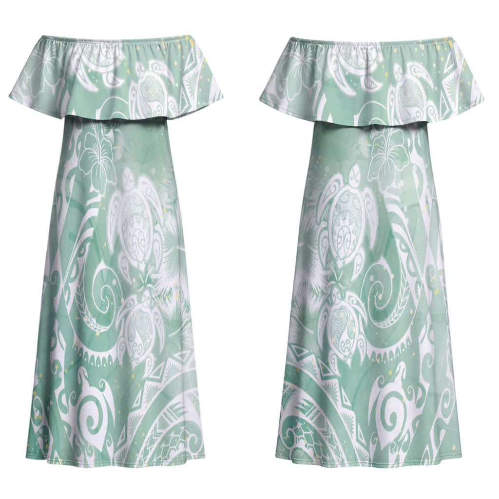Aloha Hawaii Turtles Floral Couples Matching Off Shoulder Maxi Dress and Hawaiian Shirt Seafoam Marbles Glaze LT7 - Polynesian Pride