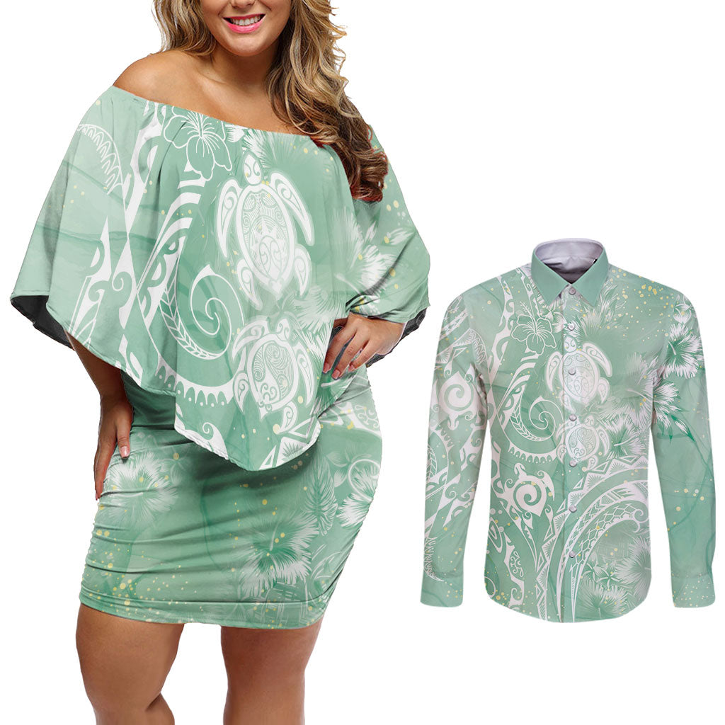 Aloha Hawaii Turtles Floral Couples Matching Off Shoulder Short Dress and Long Sleeve Button Shirt Seafoam Marbles Glaze LT7 Seafoam - Polynesian Pride