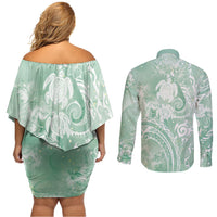 Aloha Hawaii Turtles Floral Couples Matching Off Shoulder Short Dress and Long Sleeve Button Shirt Seafoam Marbles Glaze
