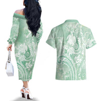 Aloha Hawaii Turtles Floral Couples Matching Off The Shoulder Long Sleeve Dress and Hawaiian Shirt Seafoam Marbles Glaze