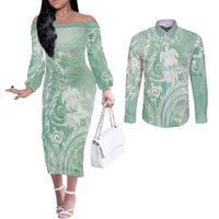 Aloha Hawaii Turtles Floral Couples Matching Off The Shoulder Long Sleeve Dress and Long Sleeve Button Shirt Seafoam Marbles Glaze