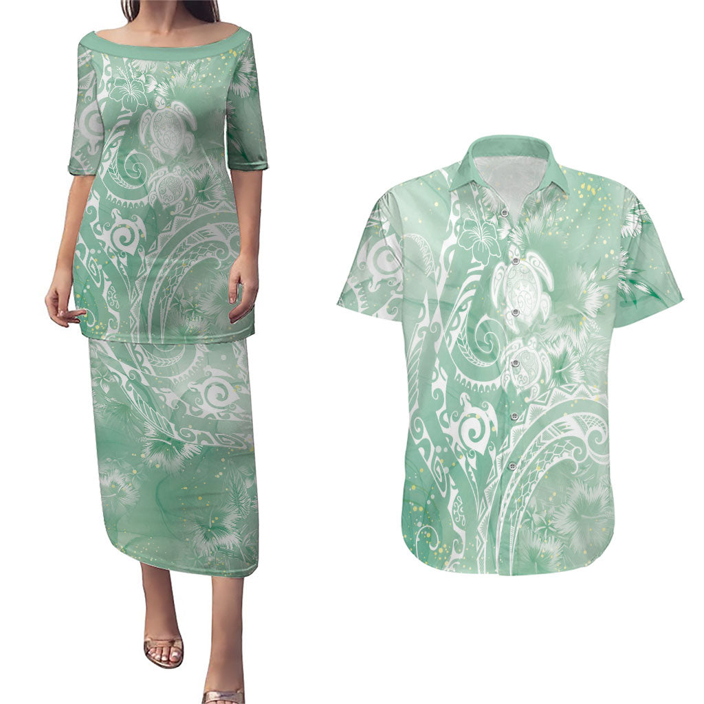 Aloha Hawaii Turtles Floral Couples Matching Puletasi and Hawaiian Shirt Seafoam Marbles Glaze