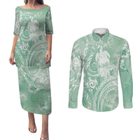 Aloha Hawaii Turtles Floral Couples Matching Puletasi and Long Sleeve Button Shirt Seafoam Marbles Glaze