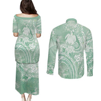 Aloha Hawaii Turtles Floral Couples Matching Puletasi and Long Sleeve Button Shirt Seafoam Marbles Glaze