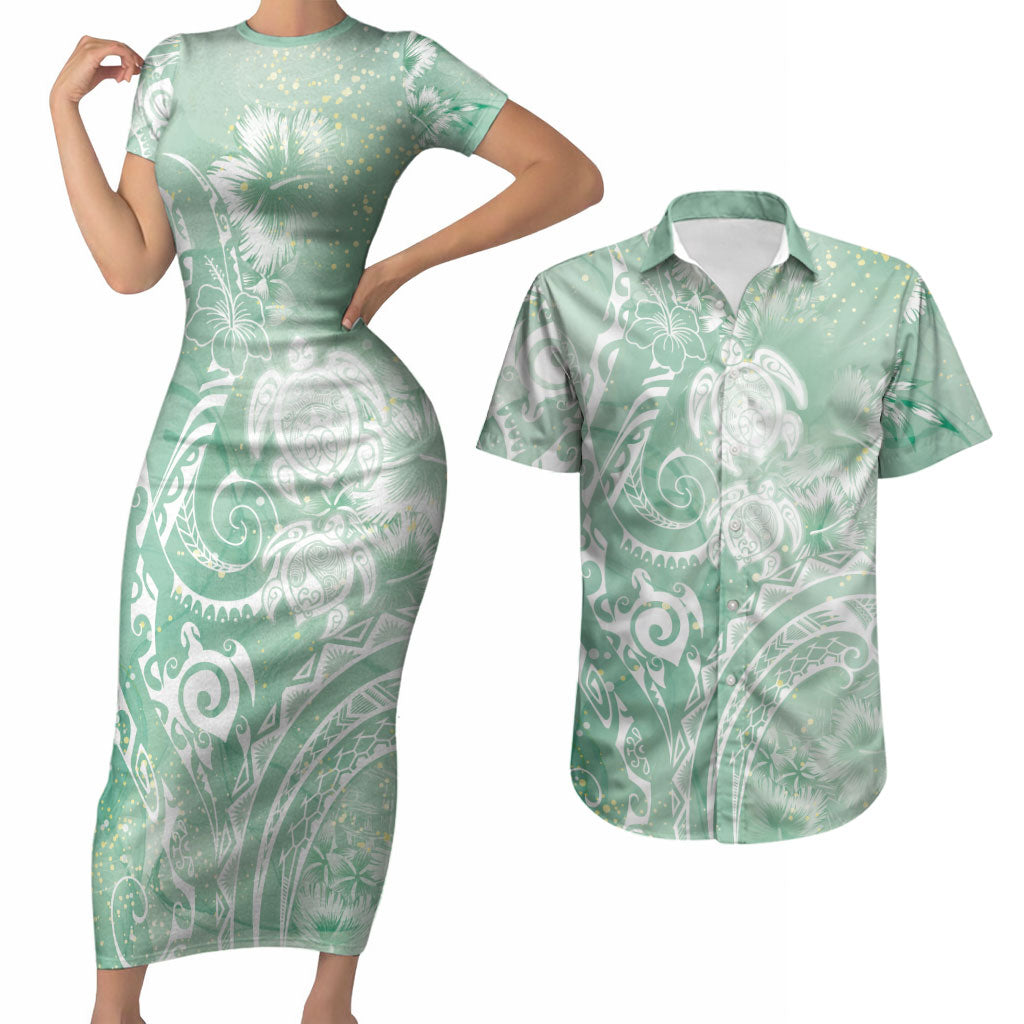 Aloha Hawaii Turtles Floral Couples Matching Short Sleeve Bodycon Dress and Hawaiian Shirt Seafoam Marbles Glaze LT7 Seafoam - Polynesian Pride