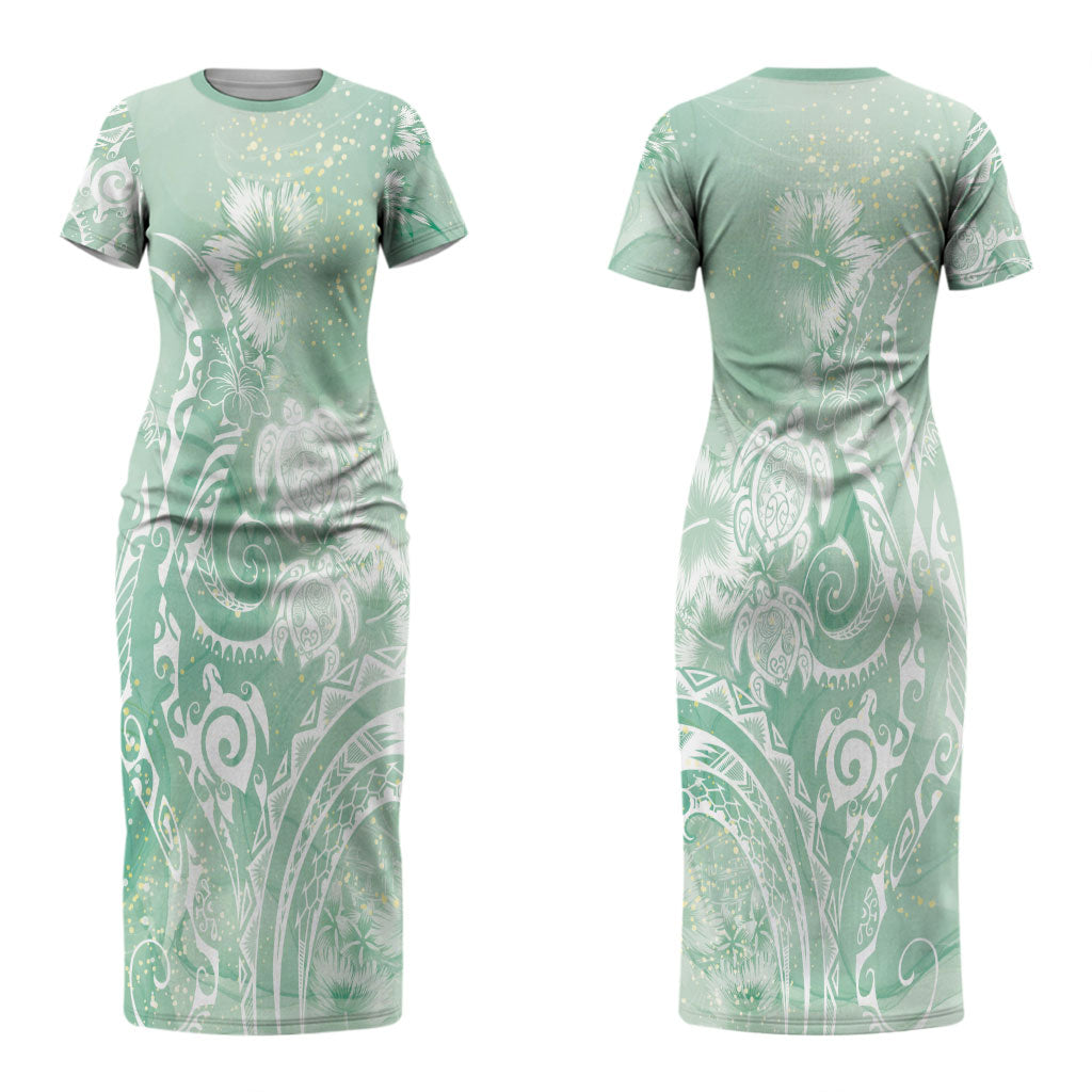Aloha Hawaii Turtles Floral Couples Matching Short Sleeve Bodycon Dress and Long Sleeve Button Shirt Seafoam Marbles Glaze LT7 - Polynesian Pride