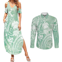Aloha Hawaii Turtles Floral Couples Matching Summer Maxi Dress and Long Sleeve Button Shirt Seafoam Marbles Glaze