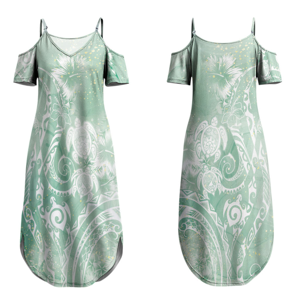 Aloha Hawaii Turtles Floral Couples Matching Summer Maxi Dress and Long Sleeve Button Shirt Seafoam Marbles Glaze LT7 - Polynesian Pride