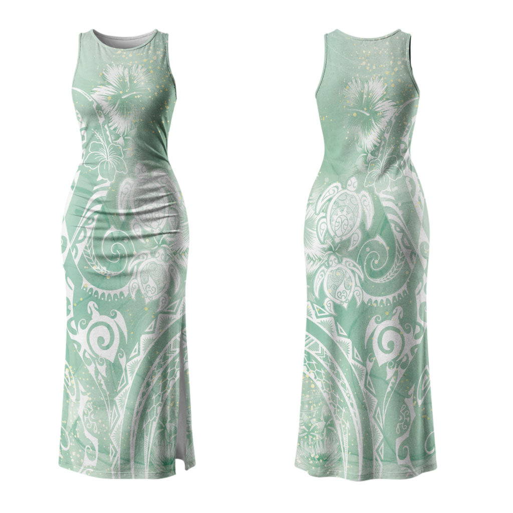 Aloha Hawaii Turtles Floral Couples Matching Tank Maxi Dress and Long Sleeve Button Shirt Seafoam Marbles Glaze LT7 - Polynesian Pride
