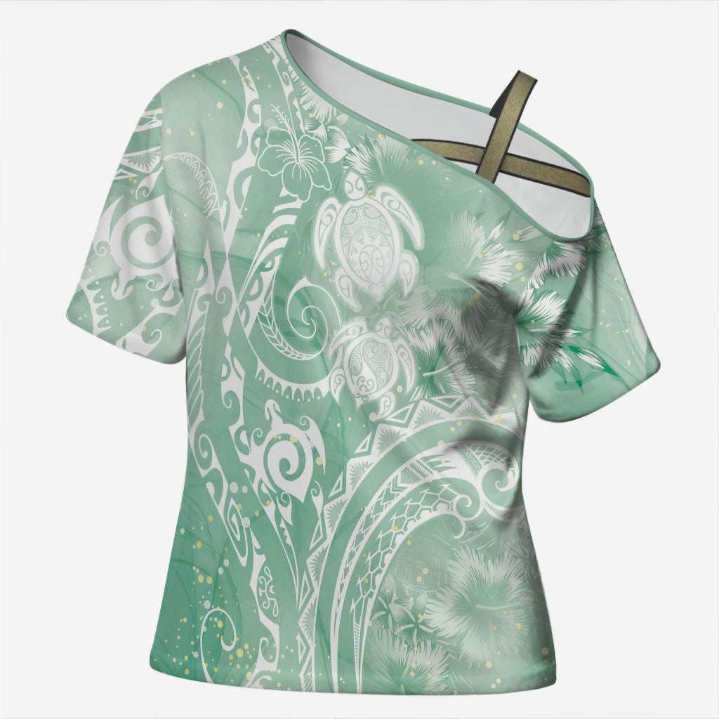 Aloha Hawaii Turtles Floral Cross Shoulder Shirt Seafoam Marbles Glaze