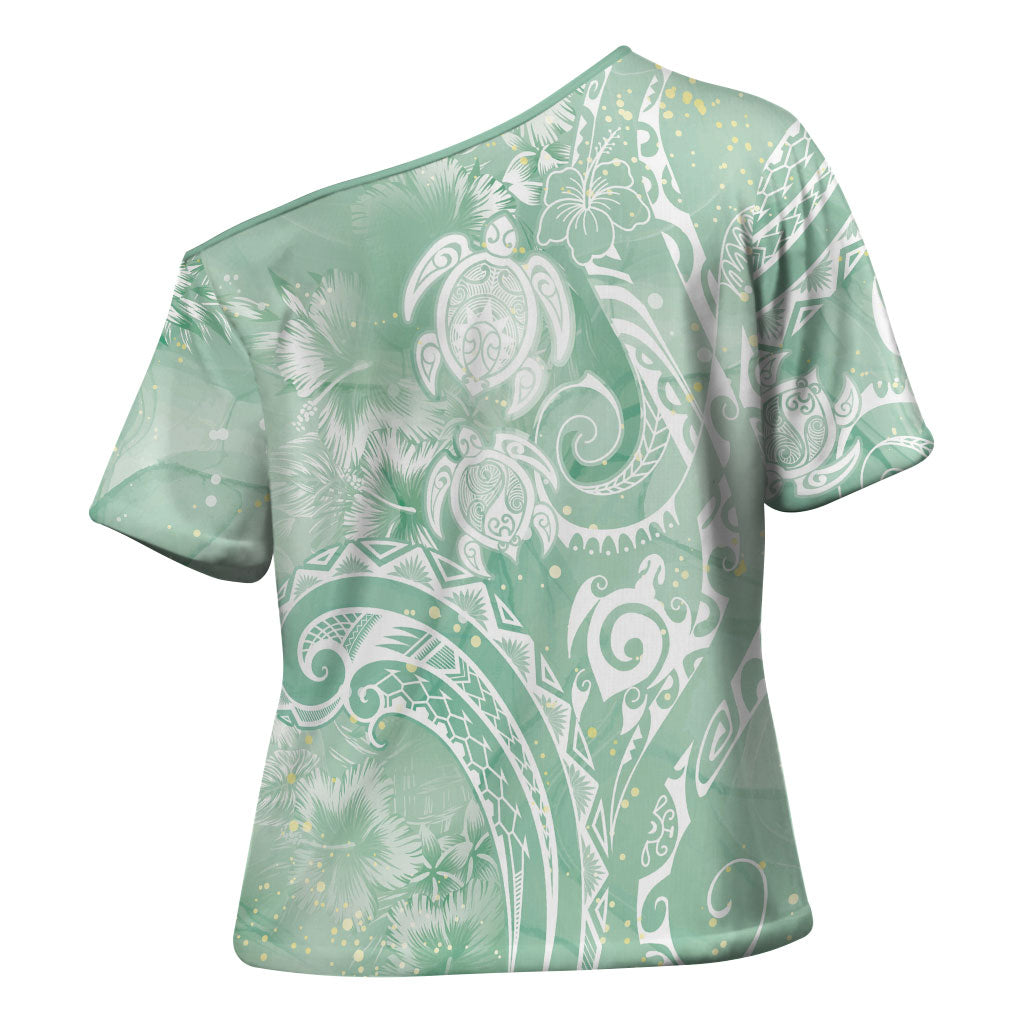 Aloha Hawaii Turtles Floral Cross Shoulder Shirt Seafoam Marbles Glaze