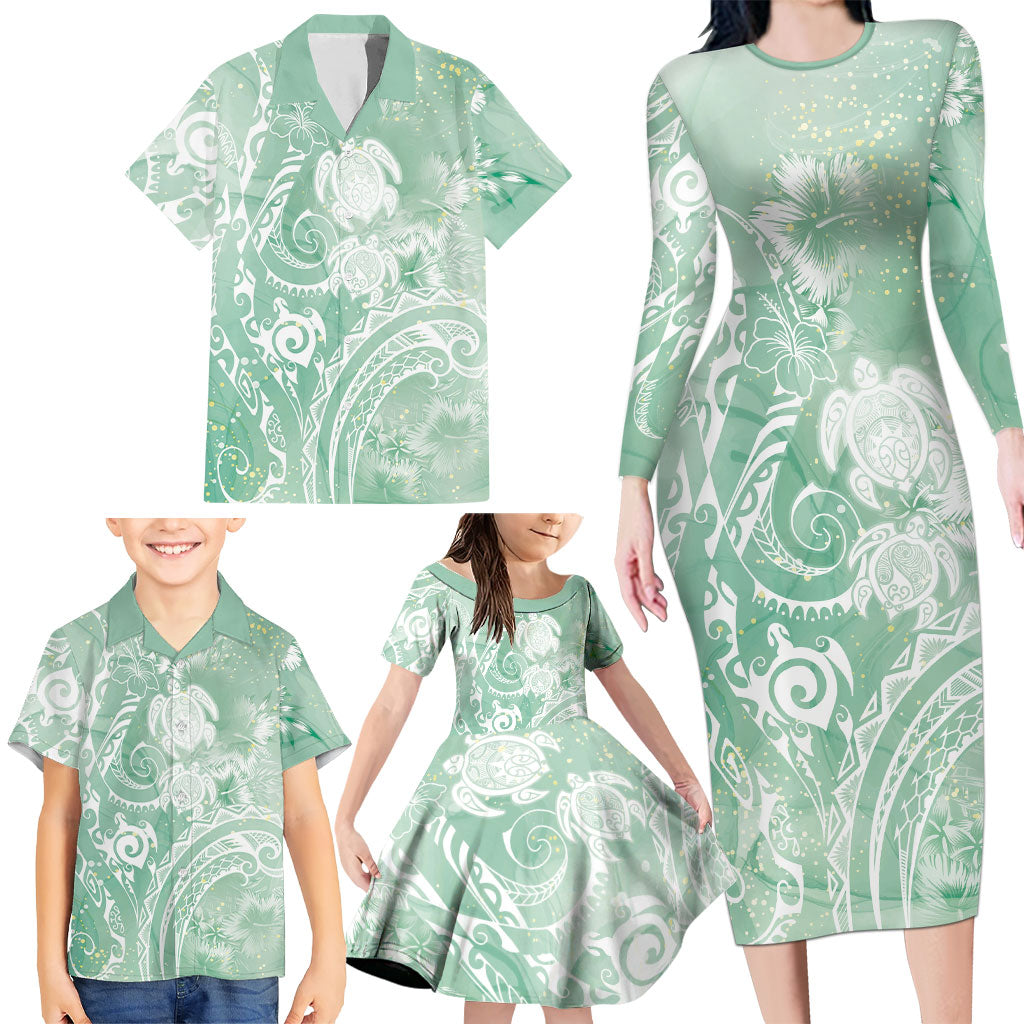 Aloha Hawaii Turtles Floral Family Matching Long Sleeve Bodycon Dress and Hawaiian Shirt Seafoam Marbles Glaze