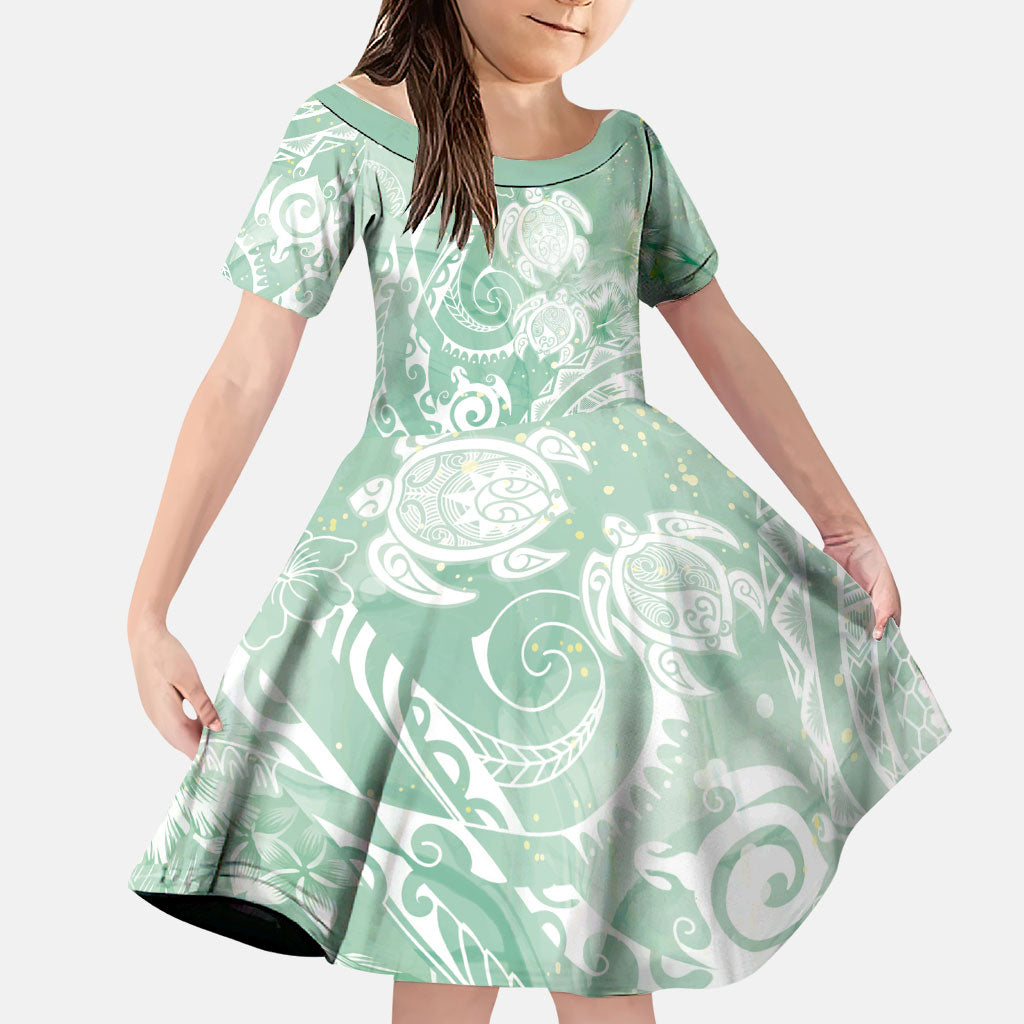 Aloha Hawaii Turtles Floral Family Matching Off The Shoulder Long Sleeve Dress and Hawaiian Shirt Seafoam Marbles Glaze