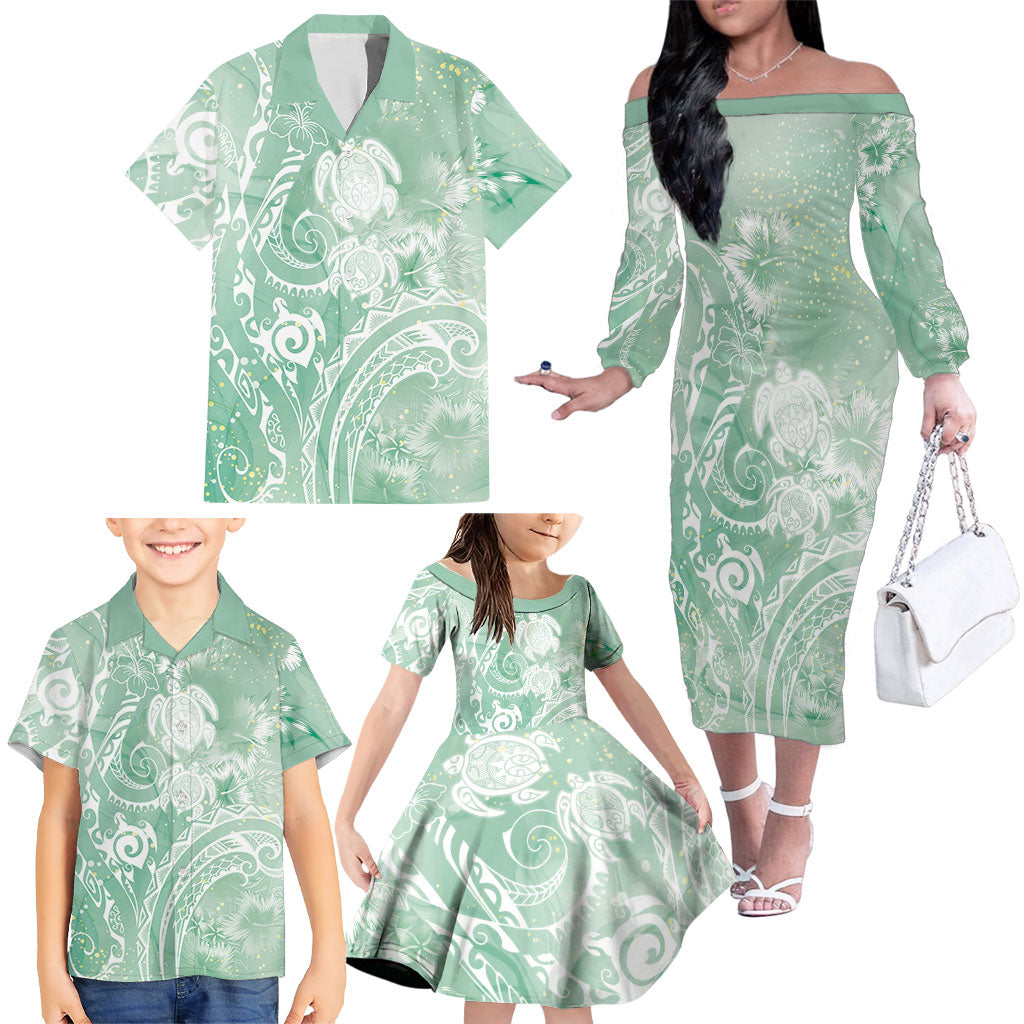 Aloha Hawaii Turtles Floral Family Matching Off The Shoulder Long Sleeve Dress and Hawaiian Shirt Seafoam Marbles Glaze