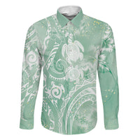 Aloha Hawaii Turtles Floral Family Matching Off The Shoulder Long Sleeve Dress and Hawaiian Shirt Seafoam Marbles Glaze