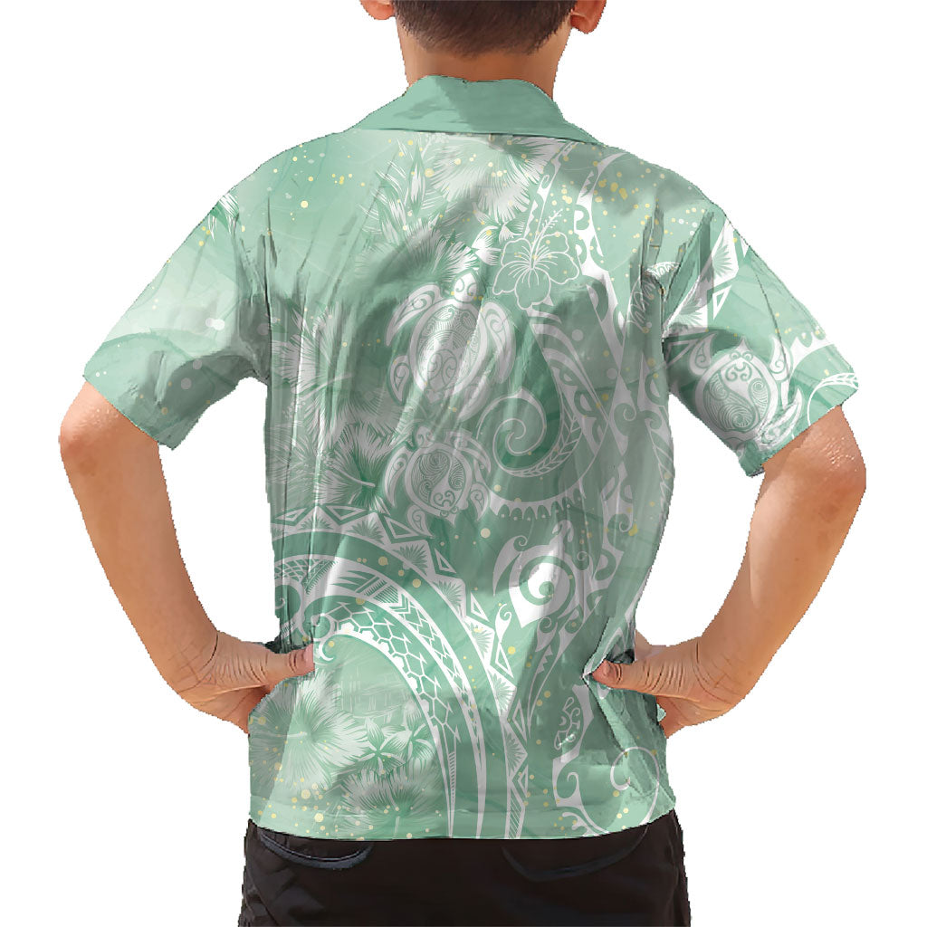 Aloha Hawaii Turtles Floral Family Matching Off Shoulder Maxi Dress and Hawaiian Shirt Seafoam Marbles Glaze