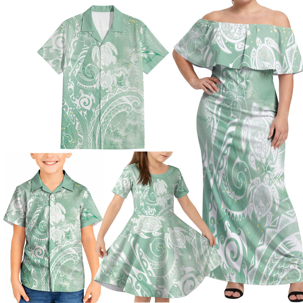 Aloha Hawaii Turtles Floral Family Matching Off Shoulder Maxi Dress and Hawaiian Shirt Seafoam Marbles Glaze LT7 - Polynesian Pride