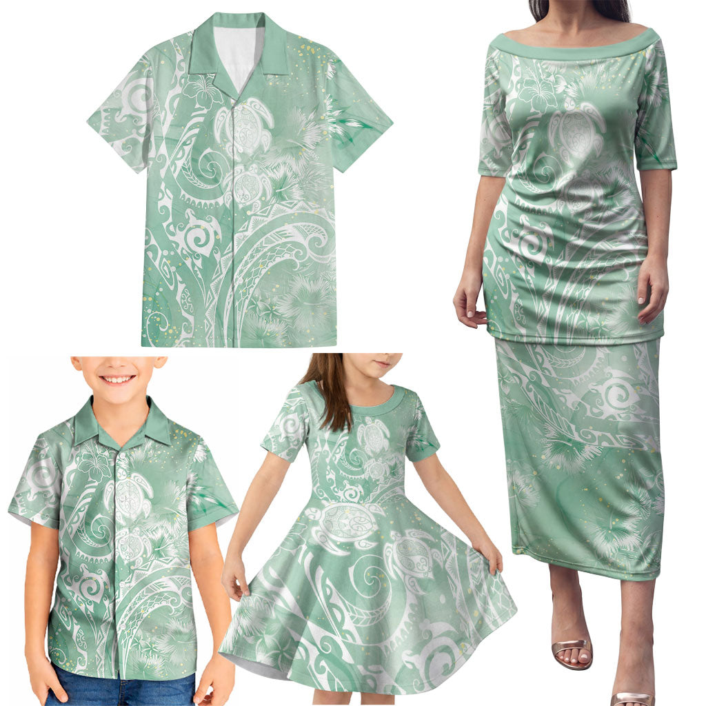 Aloha Hawaii Turtles Floral Family Matching Puletasi and Hawaiian Shirt Seafoam Marbles Glaze LT7 - Polynesian Pride