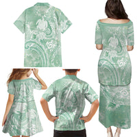 Aloha Hawaii Turtles Floral Family Matching Puletasi and Hawaiian Shirt Seafoam Marbles Glaze